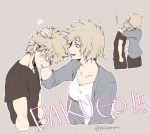 1boy 1girl bakugou_katsuki bakugou_katsuki&#039;s_mom boku_no_hero_academia brown_eyes brown_hair chiyo_(rotsurechiriha) hug mother_and_son petting short_hair translated 