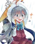  1girl ahoge arms_up blue_hair dress grey_eyes grey_hair hair_between_eyes hair_bun hair_ribbon holding holding_umbrella itomugi-kun kantai_collection kiyoshimo_(kantai_collection) long_hair long_sleeves low_twintails machinery multicolored_hair open_mouth rain ribbon school_uniform shirt sleeveless sleeveless_dress smile solo teeth torpedo twintails umbrella very_long_hair white_shirt yellow_umbrella 