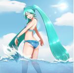  1girl :d aqua_eyes aqua_hair bikini clouds hatsune_miku highres long_hair looking_back open_mouth scrunchie sky smile solo swimsuit twintails very_long_hair vocaloid wading water 