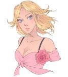  1girl blonde_hair blue_eyes breasts cleavage collarbone dress eyebrows eyelashes flower jojo_no_kimyou_na_bouken lucy_steel makeup maryuumi mascara pink_dress rose solo steel_ball_run upper_body 