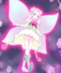  1girl blue_eyes boots flower flying green_boots ha-chan_(mahou_girls_precure!) hair_flower hair_ornament hanami_kotoha haruyama_kazunori mahou_girls_precure! panties pink_hair precure short_hair skirt smile solo underwear white_panties wings 