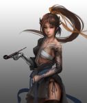  1girl arm_tattoo artist_request asymmetrical_clothes bare_shoulders belt black_hair black_legwear black_panties blue_ribbon breasts brown_eyes chinese collarbone contrapposto cowboy_shot dragon_tattoo eyelashes genderswap genderswap_(mtf) gradient gradient_background hair_ribbon hanzo_(overwatch) high_ponytail highres holding_pipe japanese_clothes lips long_hair looking_at_viewer mechanical_arm medium_breasts one_breast_out overwatch panties pipe ponytail ribbon sarashi side-tie_panties side_slit solo tattoo thigh-highs underwear yellow_ribbon 