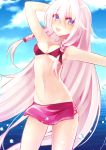  1girl bikini blue_sky ia_(vocaloid) long_hair looking_at_viewer mofuruo ocean open_mouth silver_hair sky smile solo swimsuit violet_eyes vocaloid water 