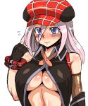  1girl alisa_ilinichina_amiella bare_shoulders blue_eyes blush breasts commentary_request elbow_gloves fingerless_gloves gloves god_eater hat highres kitsune-tsuki_(getter) long_hair looking_at_viewer navel silver_hair solo suspenders under_boob 
