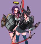  2girls between_breasts black_gloves black_legwear blush breasts dress eyepatch fingerless_gloves gloves headgear holding holding_sword holding_weapon kantai_collection katana looking_at_viewer mechanical_halo multiple_girls nayutarou_(nyt_kag) necktie polearm purple_hair skirt smile sword tatsuta_(kantai_collection) tenryuu_(kantai_collection) thigh-highs torn_clothes turret violet_eyes weapon yellow_background 