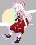  1girl bow fujiwara_no_mokou full_body grey_background hair_bow highres long_hair necktie pants red_eyes sakechazuke shoes short_sleeves silver_hair solo sparkling_eyes suspenders touhou 