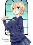  1girl :d blonde_hair blue_eyes blue_sweater braid breasts character_name collared_shirt cup darjeeling from_side girls_und_panzer large_breasts looking_at_viewer necktie open_mouth pleated_skirt saucer school_uniform shijima_(sjmr02) shirt skirt smile solo sweater tea teacup twitter_username white_shirt window 