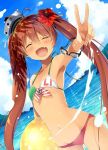  1girl :d ahoge armpits ball beachball bikini blush brown_hair closed_eyes commentary_request fang flat_chest flower hair_flower hair_ornament hibiscus kantai_collection libeccio_(kantai_collection) long_hair natsume_eri navel open_mouth smile solo swimsuit twintails v very_long_hair 