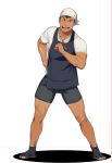  1boy :d apron bandaid bandaid_on_arm bandaid_on_face bandaid_on_knee bara hand_on_hip itto_(mentaiko) legs_apart male_focus muscle one_eye_closed open_mouth original pointing pointing_at_self simple_background smile solo tabi tan tanline white_background 