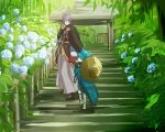  2boys blue_hair flower hydrangea japanese_clothes kasen_kanesada leaf male_focus multiple_boys ponytail purple_hair sayo_samonji smile stairs touken_ranbu walking yamazaki_mitsuko 