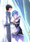  1boy 1girl ^_^ apron black_eyes black_hair blue_hair blurry blush closed_eyes crying depth_of_field detached_sleeves highres maid maid_apron maid_headdress natsuki_subaru pantyhose petting re:zero_kara_hajimeru_isekai_seikatsu rem_(re:zero) short_hair smile streaming_tears swordsouls tears white_legwear 