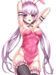  1girl ahoge animal_ears armlet armpits arms_behind_head arms_up bare_shoulders black_legwear blush bow bowtie breasts bunny_girl bunnysuit cleavage fake_animal_ears kfr large_breasts long_hair looking_at_viewer open_mouth senki_zesshou_symphogear silver_hair simple_background solo teeth thigh-highs twintails violet_eyes white_background yukine_chris 