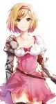  1girl arisaka_ako arm_guards belt black_legwear blonde_hair bow breasts brown_eyes buttons cleavage closed_mouth collarbone cowboy_shot djeeta_(granblue_fantasy) dress fighter_(granblue_fantasy) granblue_fantasy heart looking_at_viewer medium_breasts pink_dress puffy_short_sleeves puffy_sleeves red_bow scratches sheath sheathed short_hair short_sleeves shoulder_pads simple_background smile solo sword thigh-highs torn_clothes torn_dress walking weapon white_background 