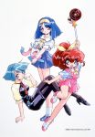  1997 3girls 90s aqua_eyes aqua_hair blue_hair blunt_ends carrying_under_arm character_request company_name dated hairband high_heels high_ponytail looking_at_viewer minimum_nanonic multiple_girls noritaka_suzuki official_art open_mouth pantyhose pencil_skirt pleated_skirt redhead shoes short_sleeves simple_background skirt sneakers wand white_background yellow_eyes 