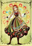  1girl artist_name black_boots blonde_hair blue_eyes boots braid cross-laced_footwear dress floral_background flower full_body hair_flower hair_ornament highres long_hair long_sleeves multicolored_dress original polish_clothes radittz solo twin_braids very_long_hair watermark web_address 