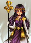  1girl absurdres armor armored_dress bangs breasts dress elbow_gloves forehead_jewel gloves highres lemolunes lipstick long_dress long_hair makeup parted_bangs pauldrons pointy_ears princess_hilda purple_hair purple_lipstick red_eyes solo staff the_legend_of_zelda the_legend_of_zelda:_a_link_between_worlds tiara triforce wavy_hair white_gloves 