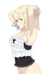 1girl adjusting_hair armpits arms_up blonde_hair blue_eyes blush boku_wa_tomodachi_ga_sukunai bottomless breasts butterfly butterfly_hair_ornament cait cleavage hair_ornament kashiwazaki_sena large_breasts long_hair looking_at_viewer out-of-frame_censoring simple_background solo tying_hair white_background 