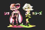  +_+ 2girls ankle_boots aori_(splatoon) artist_name black_background black_dress black_hair boots detached_collar domino_mask dress earrings fangs food food_on_head full_body gloves grey_hair hand_on_hip hand_on_own_cheek highres hotaru_(splatoon) jewelry long_hair looking_at_viewer mask mole mole_under_eye multiple_girls object_on_head open_mouth paint_splatter pointy_ears short_dress short_hair short_jumpsuit signature simple_background smile splatoon standing strapless strapless_dress tarai_(silica5) tentacle_hair translated 