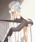  1girl babydoll bare_shoulders blue_eyes blush breast_press breasts cleavage cup highres kantai_collection kashima_(kantai_collection) large_breasts leaning_forward lingerie long_hair railing sidelocks silver_hair solo stairs strap_gap teacup throtem tsurime twintails underwear wavy_hair 