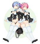  2girls black_panties blue_eyes blue_hair breasts chain cleavage cleavage_cutout codename47 detached_sleeves frills hair_ornament hair_over_one_eye highres looking_at_viewer maid maid_headdress mary_janes medium_breasts multiple_girls no_pants panties pink_hair ram_(re:zero) re:zero_kara_hajimeru_isekai_seikatsu red_eyes rem_(re:zero) shoes short_hair siblings simple_background sisters small_breasts thigh-highs twins underwear white_legwear white_panties x_hair_ornament 