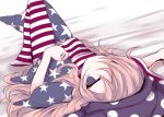  1girl american_flag_legwear american_flag_shirt beni_shake blonde_hair blue_eyes clownpiece hat jester_cap jitome knees_up long_hair looking_at_viewer lying on_back outstretched_arm pantyhose polka_dot short_sleeves solo star star_print striped touhou very_long_hair 