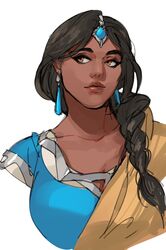  1girl alternate_hairstyle black_hair braid brown_eyes casual collarbone dark_skin earrings eyebrows eyeliner forehead_jewel hair_over_shoulder indian_clothes jewelry lips long_hair makeup overwatch pydiyudie single_braid solo symmetra_(overwatch) upper_body very_dark_skin 