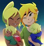  1boy 1girl baby bare_shoulders blonde_hair blue_eyes couple dark_skin family hetero if_they_mated link one_eye_closed pointy_ears rei_(suzuyajuuzou) short_hair smile strapless tetra the_legend_of_zelda the_legend_of_zelda:_the_wind_waker tubetop 