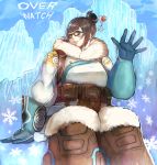  1girl beads belt belt_pouch black-framed_eyewear blue_gloves blush boots brown_eyes brown_hair coat copyright_name fur-lined_boots fur-lined_jacket fur_boots fur_coat fur_trim glasses gloves hair_bun hair_ornament hair_stick hand_up highres iceberg lips looking_at_viewer mei_(overwatch) overwatch parka parted_lips short_hair sitting smile snowflake_hair_ornament snowflakes solo utility_belt waving winter_clothes winter_coat 