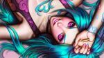  1girl :d aqua_hair arm_up armpits artist_name ayya_saparniyazova bare_shoulders bullet collarbone dress eyebrows eyeshadow fingernails grin hand_on_forehead highres holding jewelry jinx_(league_of_legends) league_of_legends long_fingernails long_hair looking_at_viewer looking_up lying makeup nail_polish necklace necklace_removed on_back open_mouth palms pendant pink_eyes pink_lips pink_nails purple_dress signature sleeveless sleeveless_dress smile solo tattoo teeth thick_eyebrows upside-down watermark web_address 