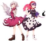  2girls blob blouse book boots breasts cross-laced_footwear doremy_sweet ear_piercing earrings full_body grin hand_to_own_mouth hat highres jacket jewelry kishin_sagume long_sleeves looking_at_viewer multiple_girls namataro nightcap piercing pom_pom_(clothes) purple_hair red_eyes short_hair short_sleeves silver_hair single_wing skirt skirt_set smile socks standing tail tapir_tail touhou violet_eyes white_background wings 