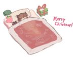  1girl animal_ears animal_print box brown_hair cat cat_ears chen christmas christmas_stocking covered_mouth futon gift gift_box hat hat_removed headwear_removed jewelry merry_christmas pillow simple_background single_earring sleeping solo terajin touhou white_background 