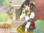  1girl bag black_hair character_request cherry_blossoms female hair_ribbon headphones headphones_around_neck highres itou_noiji long_hair open_mouth outdoors pink_ribbon pleated_skirt ribbon school_bag school_uniform shirt skirt solo twintails white_shirt yellow_eyes yellow_skirt 