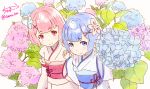  2girls :&gt; absurdres blue_eyes blue_hair blush chama_kou closed_mouth flower hair_flower hair_ornament highres holding_hands horn hydrangea japanese_clothes kimono looking_at_viewer multiple_girls obi pink_eyes pink_hair ram_(re:zero) re:zero_kara_hajimeru_isekai_seikatsu rem_(re:zero) sash short_hair siblings signature sisters smile twitter_username white_background x_hair_ornament younger 