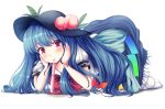  1girl all_fours ass bangs black_hat blue_hair blue_skirt bow bowtie closed_mouth eyebrows eyebrows_visible_through_hair food frilled_skirt frills fruit full_body hands_on_own_cheeks hands_on_own_face hat head_rest head_tilt hinanawi_tenshi hot_dog leaf long_hair looking_at_viewer mouth_hold no_shoes peach puffy_short_sleeves puffy_sleeves rainbow_order red_bow red_bowtie red_eyes shirt short_sleeves simple_background skirt smile socks solo t.m_(aqua6233) touhou tupet white_background white_legwear white_shirt 