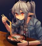  1girl blowing blush bowl bracelet checkered checkered_skirt chopsticks concon-collector egg food grey_hair jacket jewelry long_hair meat necklace noconol noodles orange_eyes pointy_ears ramen skirt solo sweat twintails 