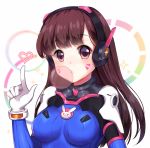  1girl armor bangs bodysuit breasts brown_eyes brown_hair bubble_blowing bubblegum bunny_print d.va_(overwatch) facepaint facial_mark gloves gum headphones heart high_collar long_hair looking_at_viewer medium_breasts overwatch pauldrons pilot_suit pointing pointing_up rabbit shoulder_pads skin_tight solo sparkle spoken_heart turtleneck upper_body weapon whisker_markings white_gloves 