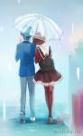  1boy 1girl 2016 arm_hug blazer blue_eyes brown_eyes brown_hair brown_shirt brown_shoes dance_with_devils dated from_behind jacket leaning_on_person loewen number outdoors pants pleated_skirt rain red_legwear roen_(dance_with_devils) school_uniform shirt shoes short_hair skirt t0day8 tachibana_ritsuka thigh-highs umbrella walking white_shoes 