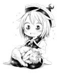  1girl :3 blush brooch cat crescent flying_sweatdrops harusame_(unmei_no_ikasumi) hat jewelry long_sleeves lunasa_prismriver monochrome short_hair sitting smile socks solo sweatdrop touhou wavy_mouth 