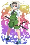  &gt;:( 1girl adapted_costume ascot bangs behind_back belt belt_buckle black_ribbon blue_eyes blunt_bangs buckle closed_mouth collared_shirt eyebrows eyebrows_visible_through_hair full_body green_shoes green_shorts green_vest hair_ribbon hairband holding katana konpaku_youmu looking_at_viewer multicolored_background pigeon-toed ribbon scabbard serious sheath sheathed shirt shoes short_hair short_sleeves shorts silver_hair sneakers solo standing sword tassel touhou uumaru1869 vest wakizashi weapon wing_collar 