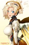  1girl armor artist_name blonde_hair blue_eyes bodysuit breasts character_name covered_nipples dated emblem from_side headgear high_collar highres large_breasts looking_at_viewer mechanical_halo mechanical_wings mercy_(overwatch) meteo_snow open_mouth overwatch ponytail short_hair short_ponytail signature smile solo turtleneck upper_body wing_print wings 