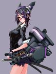  1girl black_gloves blush breasts eyepatch fingerless_gloves gloves headgear kantai_collection katana looking_at_viewer nayutarou_(nyt_kag) purple_background purple_hair sheath sheathed short_hair simple_background skirt sleeves_rolled_up solo sword tenryuu_(kantai_collection) turret weapon yellow_eyes 