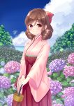  1girl absurdres blue_sky blush bow brown_hair drill_hair field flower flower_field hair_bow harukaze_(kantai_collection) highres hio_(hiohio0306) hydrangea japanese_clothes jewelry kantai_collection kimono looking_at_viewer meiji_schoolgirl_uniform oriental_umbrella outdoors pink_kimono red_bow red_eyes red_hakama ring sky smile solo twin_drills umbrella v_arms water_drop wedding_band 