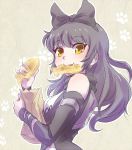  1girl bag bare_shoulders black_hair blake_belladonna bow detached_sleeve fang food food_in_mouth from_side hair_bow iesupa long_hair looking_at_viewer mouth_hold paper_bag paw_print rwby smile solo taiyaki upper_body wagashi yellow_eyes 