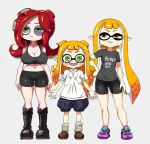  3girls bike_shorts boots domino_mask green_eyes if_they_mated inkling long_hair mask multiple_girls octarian open_mouth pointy_ears redhead shoes sneakers splatoon takozonesu tank_top tentacle_hair wife_and_wife yuta_agc 