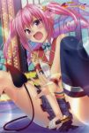  1girl absurdres asymmetrical_legwear black_legwear copyright_name demon_tail fang hair_ornament highres huge_filesize idol long_hair microphone midriff nana_asta_deviluke navel open_mouth pink_hair pleated_skirt skirt solo star_hair_ornament tail thigh-highs to_love-ru to_love-ru_darkness twintails violet_eyes 