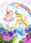  2girls ^_^ artist_request bare_shoulders barefoot blonde_hair blue_eyes child closed_eyes crying dress flower hair_flower hair_ornament hair_ribbon hairband hand_puppet hydrangea kneeling multiple_girls musical_note orange_hair original puppet rain rainbow ribbon sailor_collar scarf skirt smile tears umbrella wavy_hair 