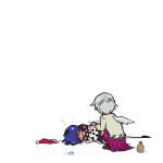  behind_back blue_hair blush commentary cup doremy_sweet dress drinking_glass drunk holding_hands jacket kishin_sagume lying pom_pom_(clothes) purple_dress silver_hair single_wing sisikuku tapir_ears tapir_tail touhou white_background wine_glass wings 