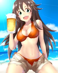  1girl alcohol arm_at_side beach beer beer_mug bikini bikini_top blush breasts brown_hair brown_shorts cowboy_shot eyebrows eyebrows_visible_through_hair green_eyes hair_between_eyes hair_ornament hairclip halter_top halterneck himekawa_yuki idolmaster idolmaster_cinderella_girls long_hair medium_breasts navel open_mouth orange_bikini short_shorts shorts side-tie_bikini smile solo sweat swimsuit teeth teirettei unbuttoned 