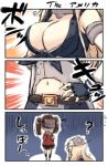  2girls 3koma belt blonde_hair breast_envy breasts brown_hair cleavage collar comic commentary commentary_request elbow_gloves engiyoshi fingerless_gloves gloves hand_on_hip hands_on_own_chest hat iowa_(kantai_collection) jacket japanese_clothes kantai_collection kariginu large_breasts long_hair midriff miniskirt multiple_girls navel open_mouth pleated_skirt red_jacket revision ryuujou_(kantai_collection) shaded_face shirt skirt sleeves_past_wrists socks tied_shirt translated twintails visor_cap wide_sleeves 