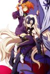  2girls adjusting_clothes adjusting_hat armor armored_dress bare_shoulders black_gloves blonde_hair blush bracer breasts capelet carrying chain fate/grand_order fate_(series) female_protagonist_(fate/grand_order) flag gloves greaves hat headpiece jeanne_alter long_hair multiple_girls oiun orange_hair purple_legwear ruler_(fate/apocrypha) ruler_(fate/grand_order) short_hair sideboob smile tattoo thighs very_long_hair yellow-framed_eyewear yellow_eyes 